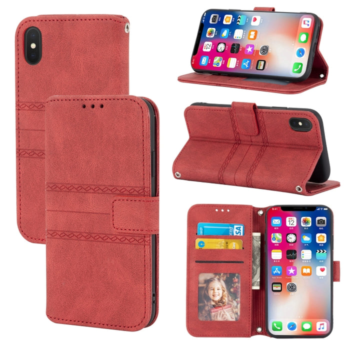 Hebilla magnética a rayas en relieve PU + TPU Funda de cuero con tapa horizontal con soporte y ranura para tarjeta y billetera y marco de fotos y honda