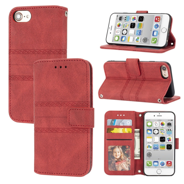 Hebilla magnética a rayas en relieve PU + TPU Funda de cuero con tapa horizontal con soporte y ranura para tarjeta y billetera y marco de fotos y honda