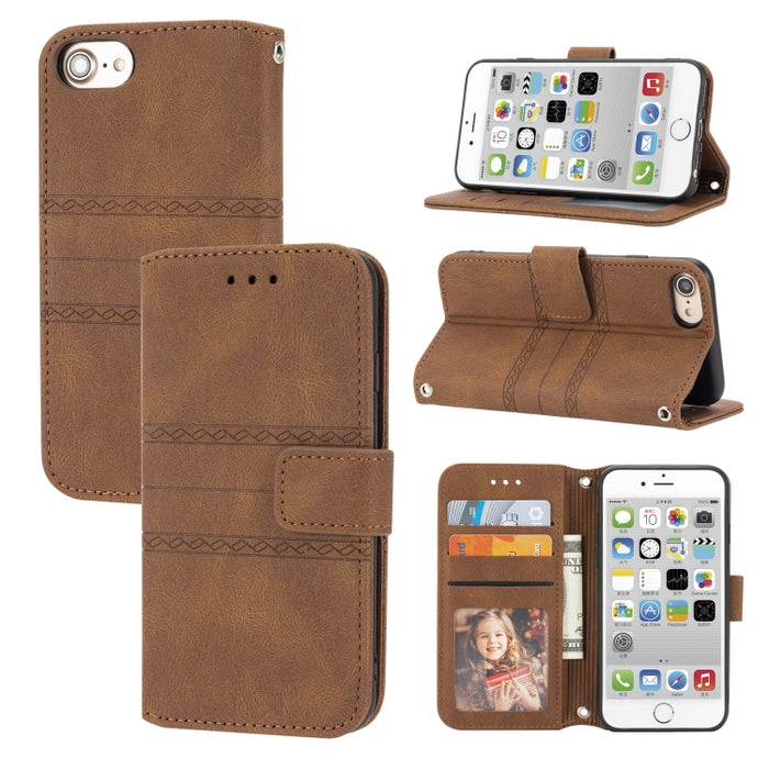 Hebilla magnética a rayas en relieve PU + TPU Funda de cuero con tapa horizontal con soporte y ranura para tarjeta y billetera y marco de fotos y honda