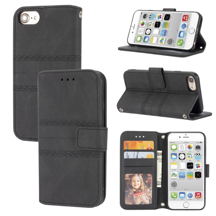 Hebilla magnética a rayas en relieve PU + TPU Funda de cuero con tapa horizontal con soporte y ranura para tarjeta y billetera y marco de fotos y honda