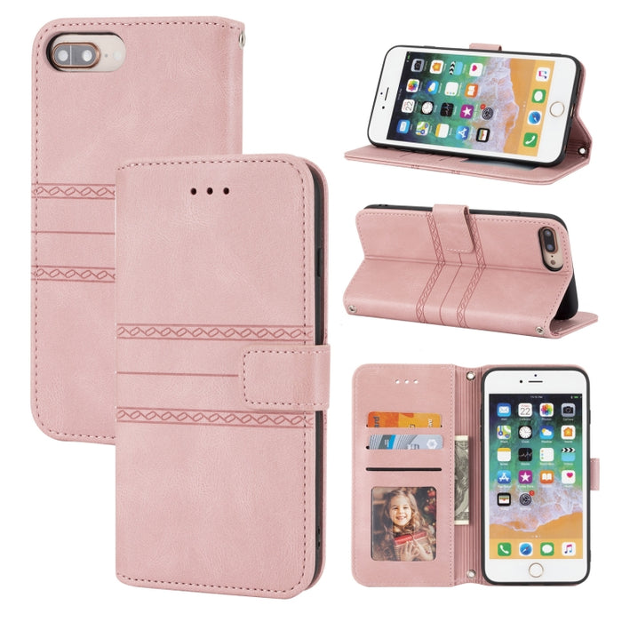 Hebilla magnética a rayas en relieve PU + TPU Funda de cuero con tapa horizontal con soporte y ranura para tarjeta y billetera y marco de fotos y honda