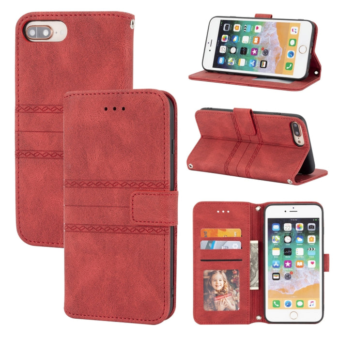 Hebilla magnética a rayas en relieve PU + TPU Funda de cuero con tapa horizontal con soporte y ranura para tarjeta y billetera y marco de fotos y honda