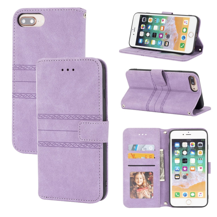 Hebilla magnética a rayas en relieve PU + TPU Funda de cuero con tapa horizontal con soporte y ranura para tarjeta y billetera y marco de fotos y honda