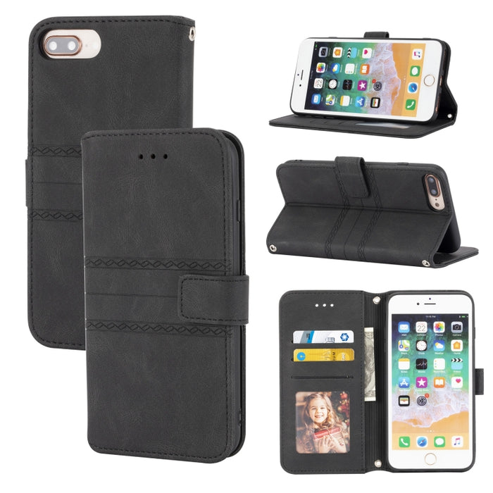 Hebilla magnética a rayas en relieve PU + TPU Funda de cuero con tapa horizontal con soporte y ranura para tarjeta y billetera y marco de fotos y honda