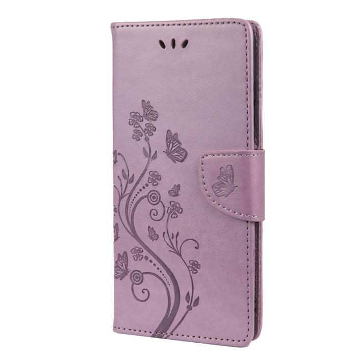 Estuche de cuero con tapa horizontal con patrón de flores de mariposa con soporte y ranuras para tarjetas y billetera
