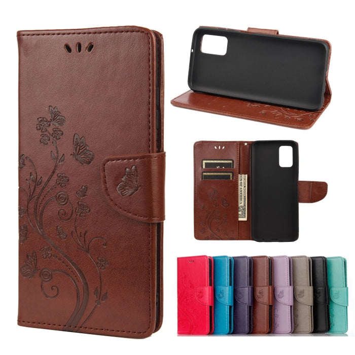 Estuche de cuero con tapa horizontal con patrón de flores de mariposa con soporte y ranuras para tarjetas y billetera