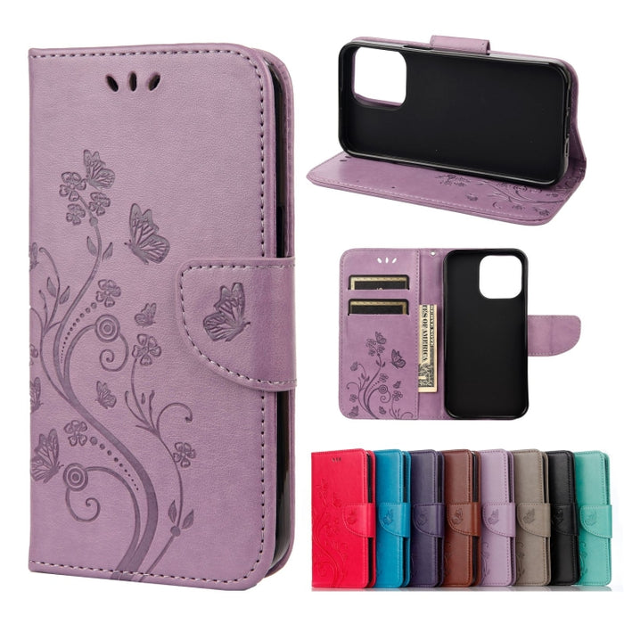 Estuche de cuero con tapa horizontal con patrón de flores de mariposa con soporte y ranuras para tarjetas y billetera