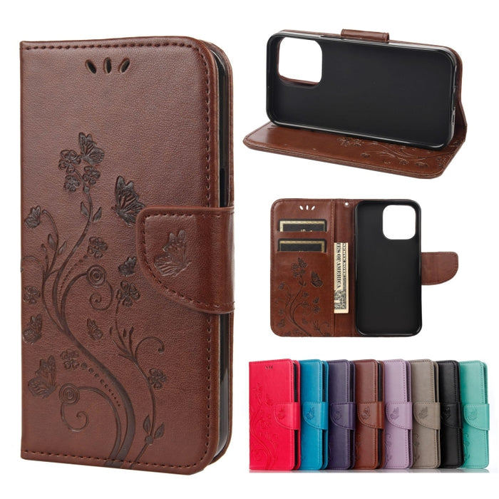 Estuche de cuero con tapa horizontal con patrón de flores de mariposa con soporte y ranuras para tarjetas y billetera