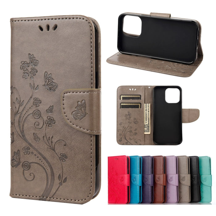 Estuche de cuero con tapa horizontal con patrón de flores de mariposa con soporte y ranuras para tarjetas y billetera