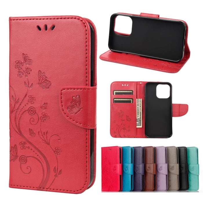 Estuche de cuero con tapa horizontal con patrón de flores de mariposa con soporte y ranuras para tarjetas y billetera