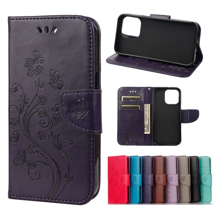 Estuche de cuero con tapa horizontal con patrón de flores de mariposa con soporte y ranuras para tarjetas y billetera