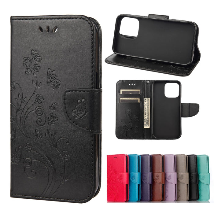 Estuche de cuero con tapa horizontal con patrón de flores de mariposa con soporte y ranuras para tarjetas y billetera