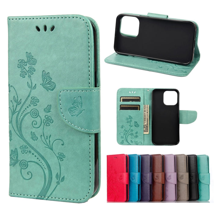 Estuche de cuero con tapa horizontal con patrón de flores de mariposa con soporte y ranuras para tarjetas y billetera
