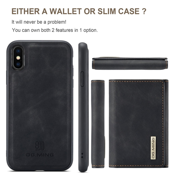 DG.MING Serie M1 Cartera para múltiples tarjetas de 3 pliegues + Funda trasera magnética Funda a prueba de golpes con función de soporte, For iPhone X, For iPhone XS, For iPhone XS Max