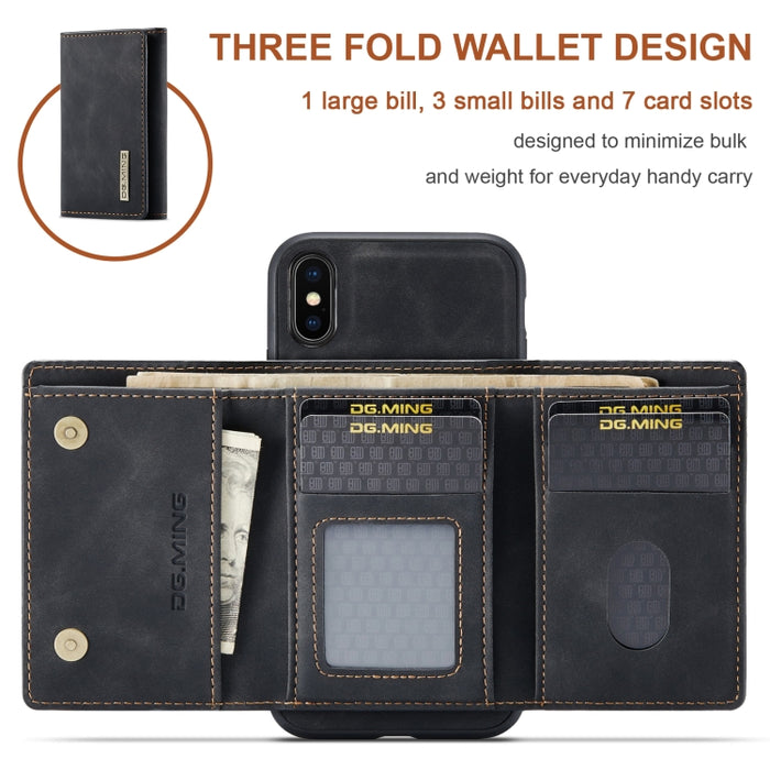 DG.MING Serie M1 Cartera para múltiples tarjetas de 3 pliegues + Funda trasera magnética Funda a prueba de golpes con función de soporte, For iPhone X, For iPhone XS, For iPhone XS Max
