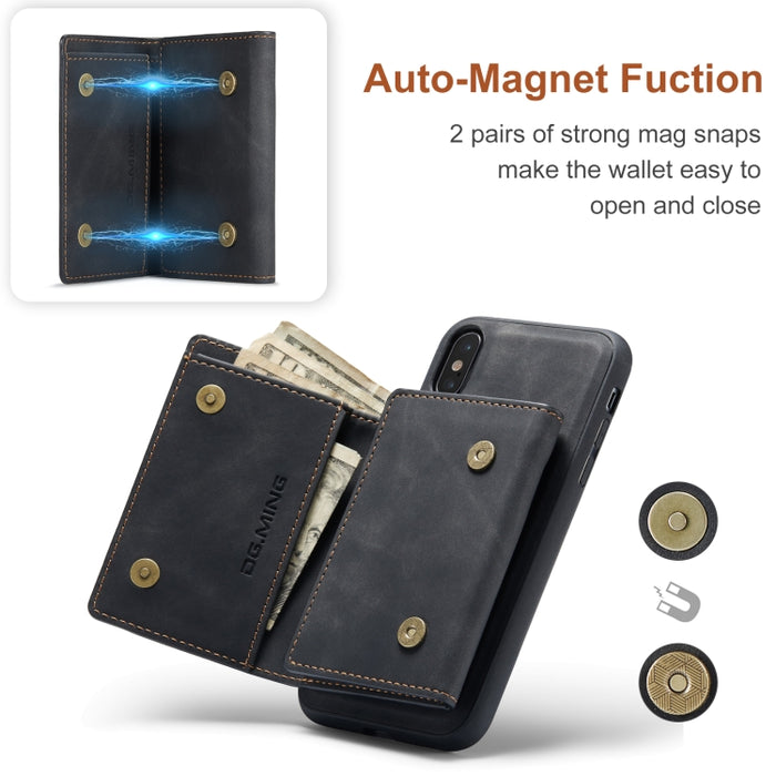 DG.MING Serie M1 Cartera para múltiples tarjetas de 3 pliegues + Funda trasera magnética Funda a prueba de golpes con función de soporte, For iPhone X, For iPhone XS, For iPhone XS Max