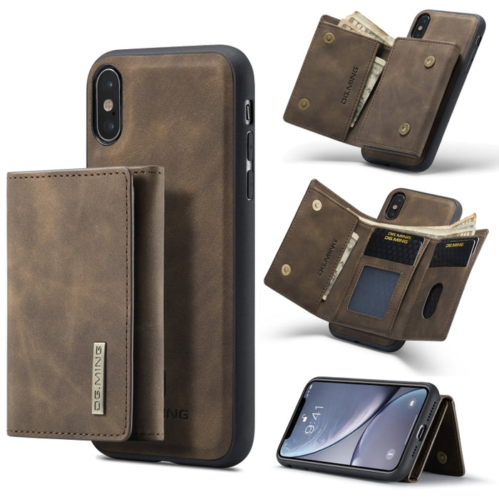 DG.MING Serie M1 Cartera para múltiples tarjetas de 3 pliegues + Funda trasera magnética Funda a prueba de golpes con función de soporte, For iPhone X, For iPhone XS, For iPhone XS Max