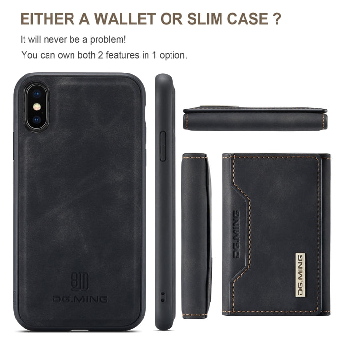 DG.MING Serie M2 Bolsa multitarjeta de 3 pliegues + Funda trasera magnética Funda a prueba de golpes con función de billetera y soporte, For iPhone X, For iPhone XS, For iPhone XS Max