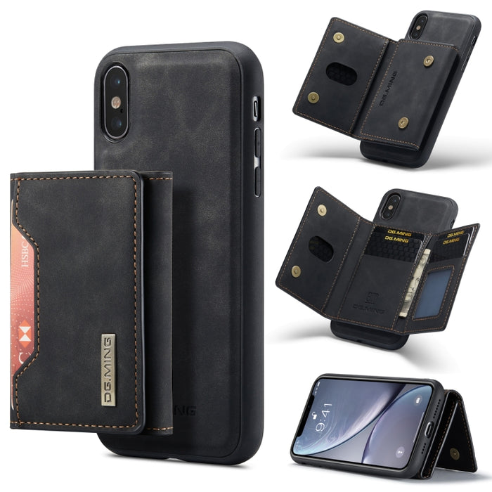 DG.MING Serie M2 Bolsa multitarjeta de 3 pliegues + Funda trasera magnética Funda a prueba de golpes con función de billetera y soporte, For iPhone X, For iPhone XS, For iPhone XS Max