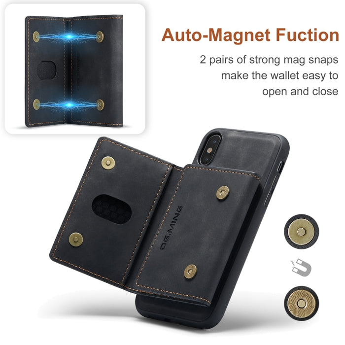 DG.MING Serie M2 Bolsa multitarjeta de 3 pliegues + Funda trasera magnética Funda a prueba de golpes con función de billetera y soporte, For iPhone X, For iPhone XS, For iPhone XS Max