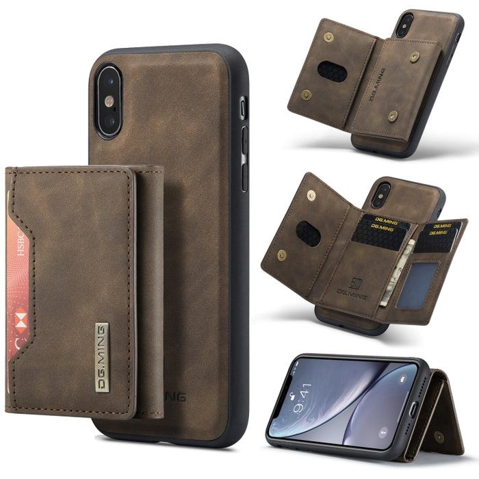 DG.MING Serie M2 Bolsa multitarjeta de 3 pliegues + Funda trasera magnética Funda a prueba de golpes con función de billetera y soporte, For iPhone X, For iPhone XS, For iPhone XS Max