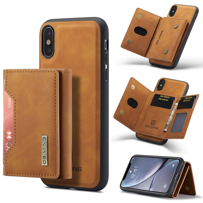 DG.MING Serie M2 Bolsa multitarjeta de 3 pliegues + Funda trasera magnética Funda a prueba de golpes con función de billetera y soporte, For iPhone X, For iPhone XS, For iPhone XS Max