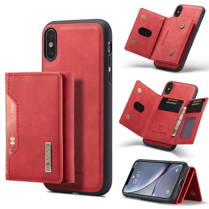 DG.MING Serie M2 Bolsa multitarjeta de 3 pliegues + Funda trasera magnética Funda a prueba de golpes con función de billetera y soporte, For iPhone X, For iPhone XS, For iPhone XS Max