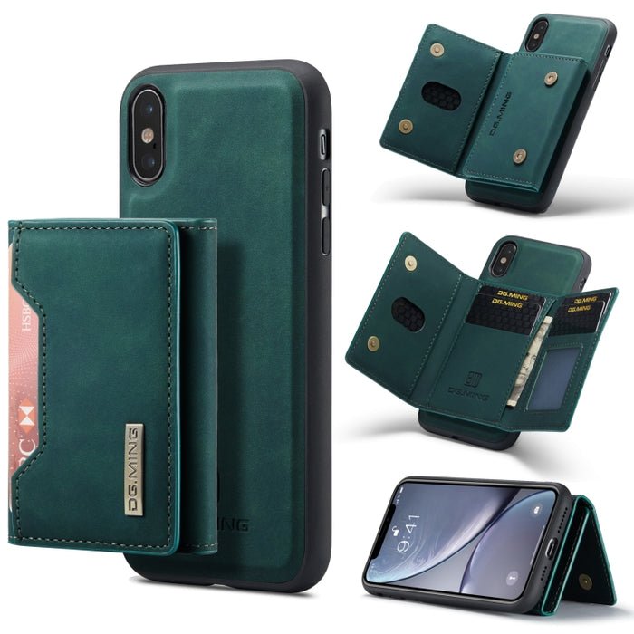 DG.MING Serie M2 Bolsa multitarjeta de 3 pliegues + Funda trasera magnética Funda a prueba de golpes con función de billetera y soporte, For iPhone X, For iPhone XS, For iPhone XS Max