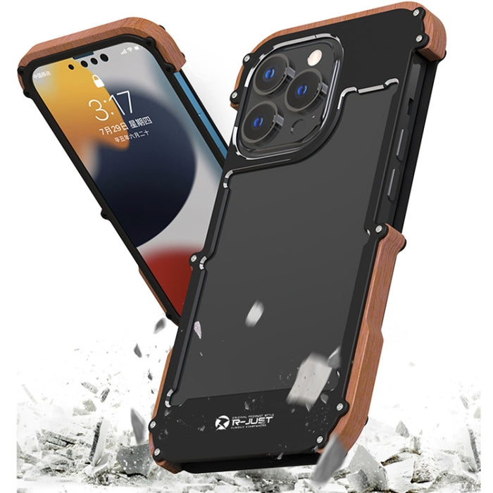 R-JUST Ironwood Man a prueba de golpes de metal + funda protectora de parachoques de madera