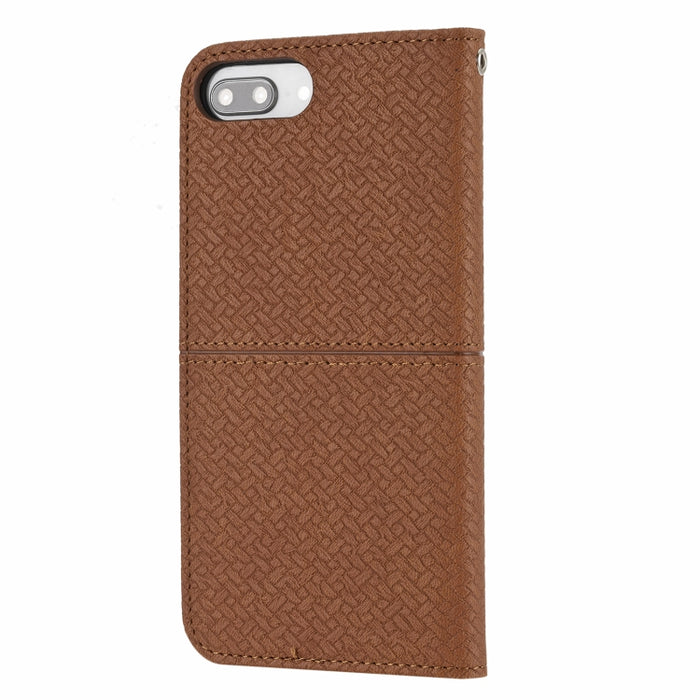 Estuche de cuero de PU con tapa horizontal magnética con costuras de textura tejida con soporte y ranuras para tarjetas y billetera y cordón