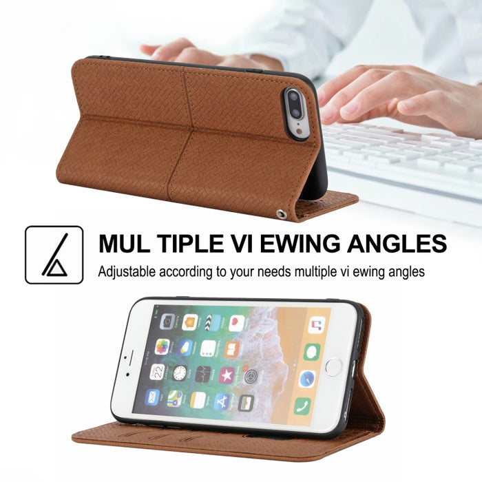 Estuche de cuero de PU con tapa horizontal magnética con costuras de textura tejida con soporte y ranuras para tarjetas y billetera y cordón