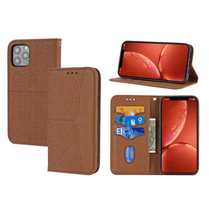 Estuche de cuero de PU con tapa horizontal magnética con costuras de textura tejida con soporte y ranuras para tarjetas y billetera y cordón
