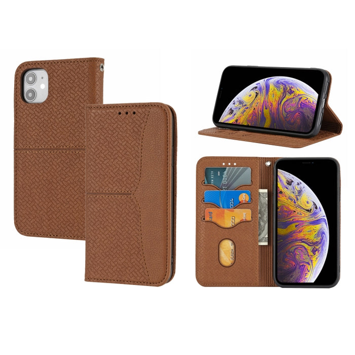Estuche de cuero de PU con tapa horizontal magnética con costuras de textura tejida con soporte y ranuras para tarjetas y billetera y cordón