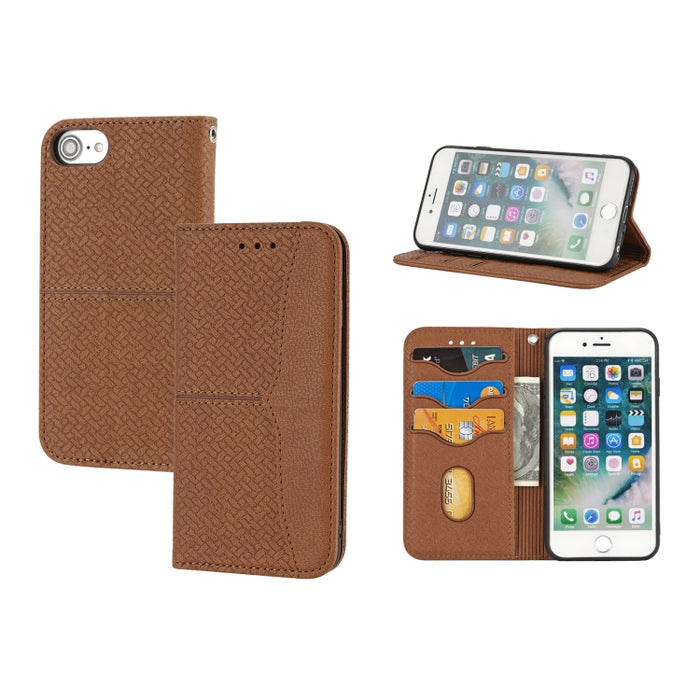 Estuche de cuero de PU con tapa horizontal magnética con costuras de textura tejida con soporte y ranuras para tarjetas y billetera y cordón