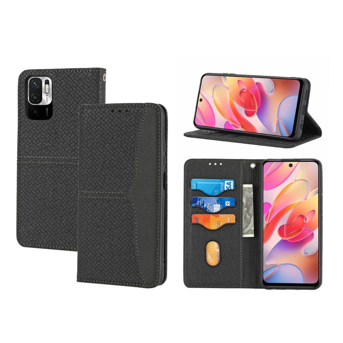 Estuche de cuero de PU con tapa horizontal magnética con costuras de textura tejida con soporte y ranuras para tarjetas y billetera y cordón, For Xiaomi Redmi Note 9 5G, For Xiaomi Redmi Note 9 Pro Max, For Xiaomi Redmi Note 10                         ...