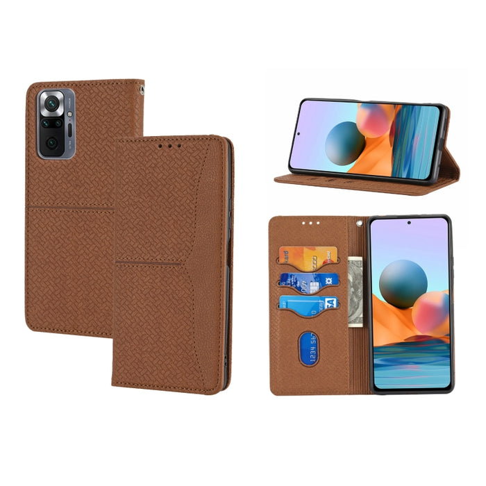 Estuche de cuero de PU con tapa horizontal magnética con costuras de textura tejida con soporte y ranuras para tarjetas y billetera y cordón, For Xiaomi Redmi Note 9 5G, For Xiaomi Redmi Note 9 Pro Max, For Xiaomi Redmi Note 10                         ...