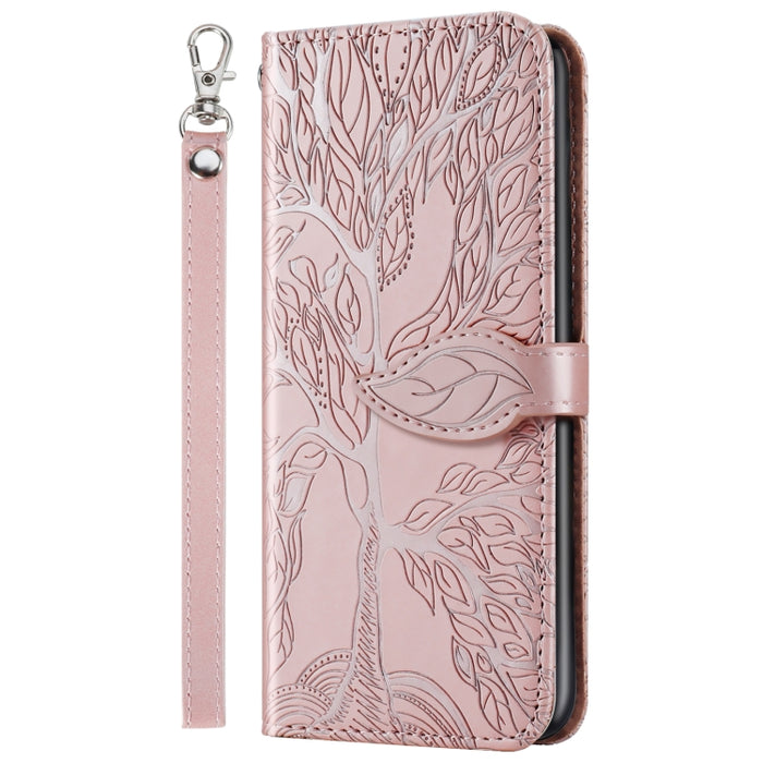 Estuche de cuero con tapa horizontal con patrón en relieve Life of Tree con soporte y ranura para tarjeta y billetera y marco de fotos y cordón