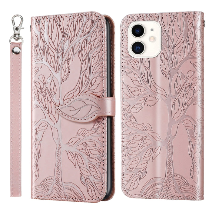 Estuche de cuero con tapa horizontal con patrón en relieve Life of Tree con soporte y ranura para tarjeta y billetera y marco de fotos y cordón