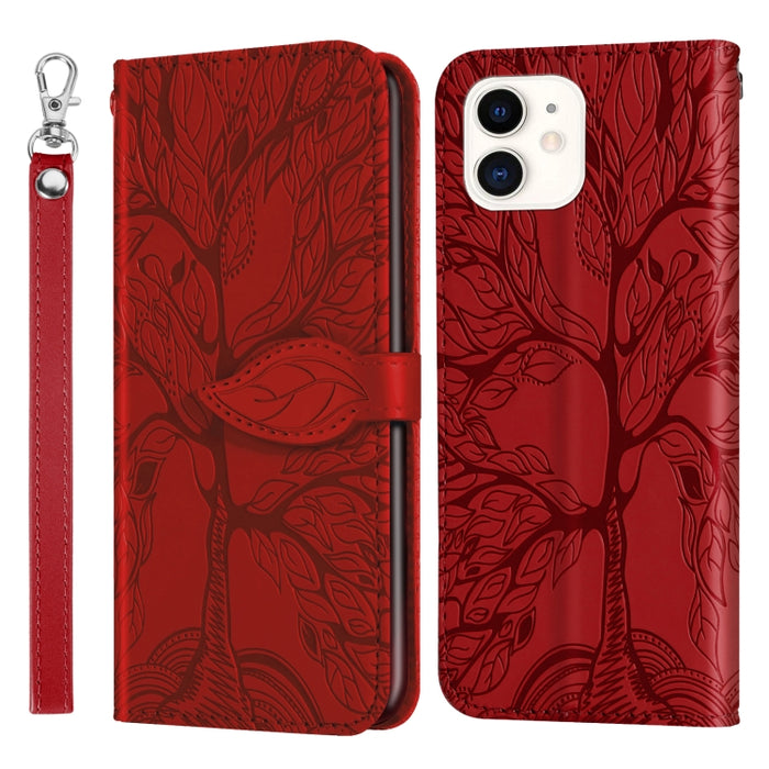 Estuche de cuero con tapa horizontal con patrón en relieve Life of Tree con soporte y ranura para tarjeta y billetera y marco de fotos y cordón