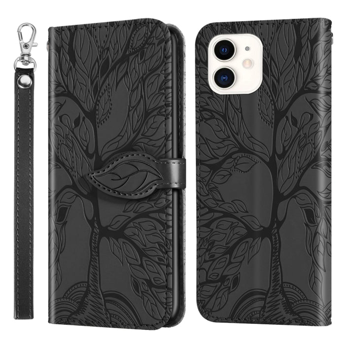 Estuche de cuero con tapa horizontal con patrón en relieve Life of Tree con soporte y ranura para tarjeta y billetera y marco de fotos y cordón