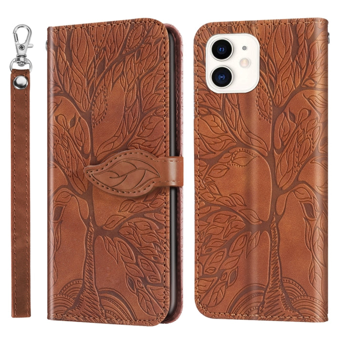Estuche de cuero con tapa horizontal con patrón en relieve Life of Tree con soporte y ranura para tarjeta y billetera y marco de fotos y cordón