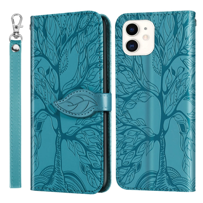 Estuche de cuero con tapa horizontal con patrón en relieve Life of Tree con soporte y ranura para tarjeta y billetera y marco de fotos y cordón