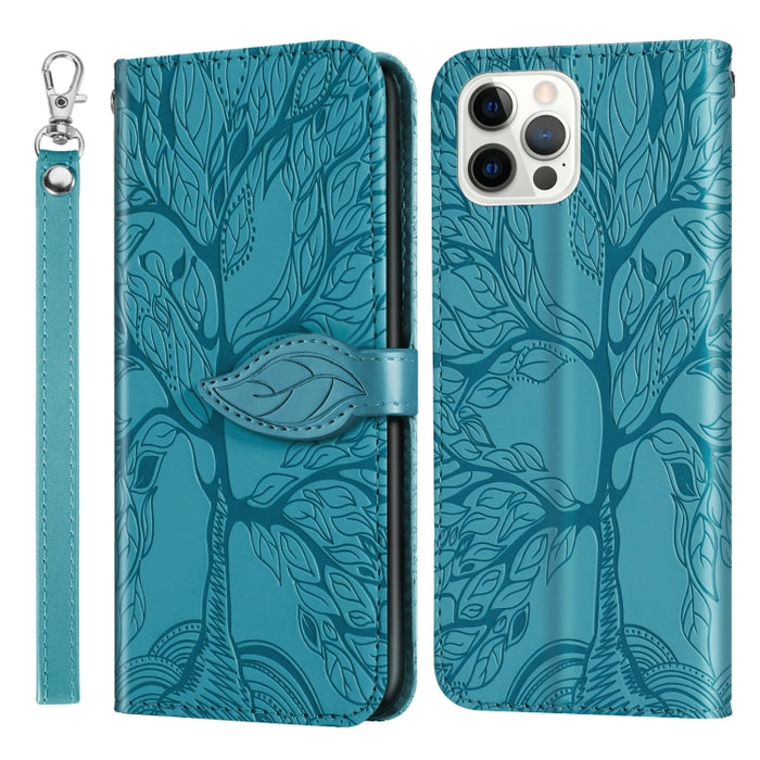 Estuche de cuero con tapa horizontal con patrón en relieve Life of Tree con soporte y ranura para tarjeta y billetera y marco de fotos y cordón