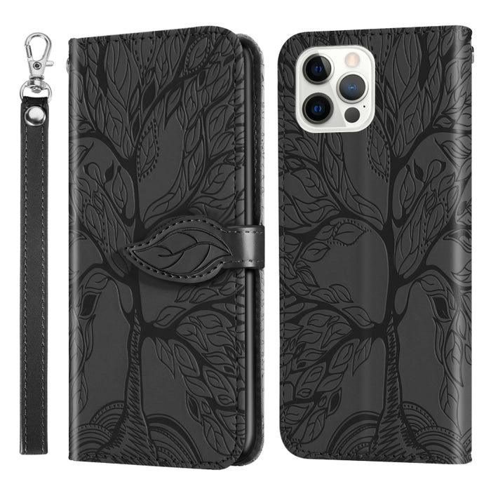 Estuche de cuero con tapa horizontal con patrón en relieve Life of Tree con soporte y ranura para tarjeta y billetera y marco de fotos y cordón