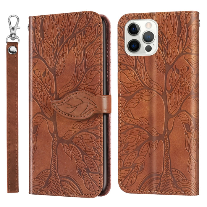 Estuche de cuero con tapa horizontal con patrón en relieve Life of Tree con soporte y ranura para tarjeta y billetera y marco de fotos y cordón