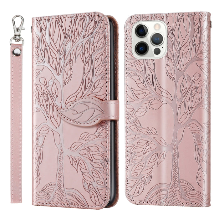 Estuche de cuero con tapa horizontal con patrón en relieve Life of Tree con soporte y ranura para tarjeta y billetera y marco de fotos y cordón