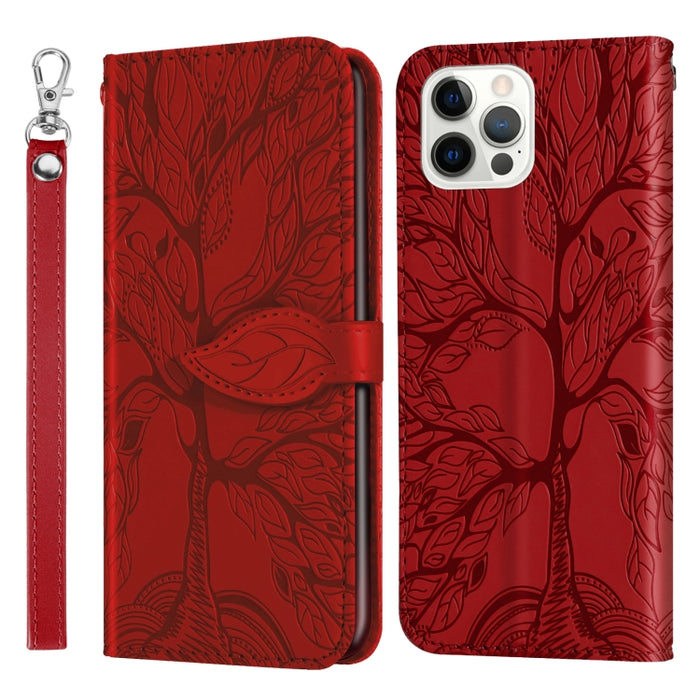 Estuche de cuero con tapa horizontal con patrón en relieve Life of Tree con soporte y ranura para tarjeta y billetera y marco de fotos y cordón