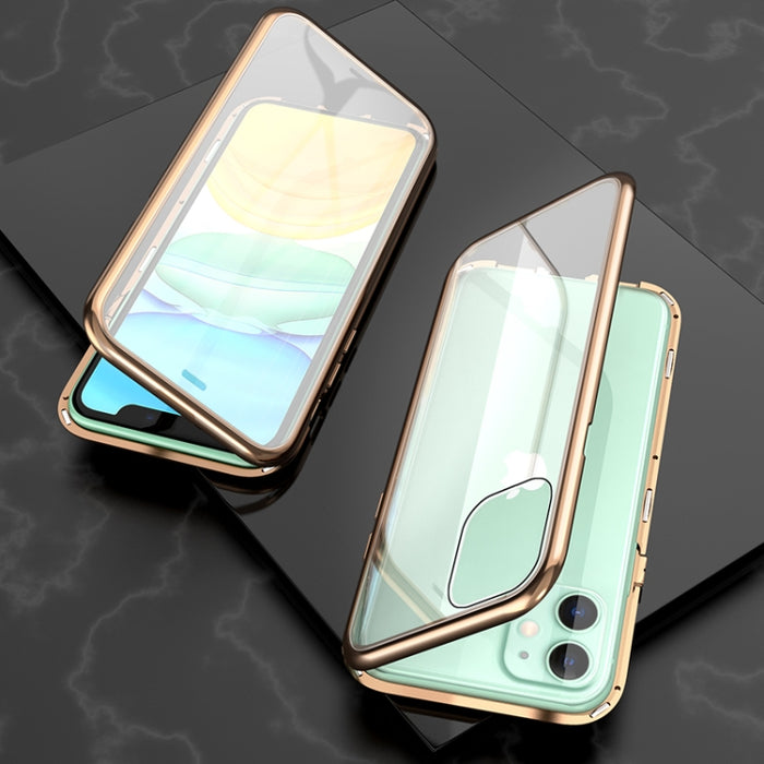Estuche con tapa de imán de vidrio templado con marco angular de adsorción magnética de lados dobles ultra delgados, For iPhone 11, For iPhone 11 Pro, For iPhone 11 Pro Max