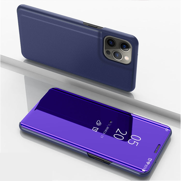 Estuche de cuero con tapa horizontal de espejo chapado con soporte