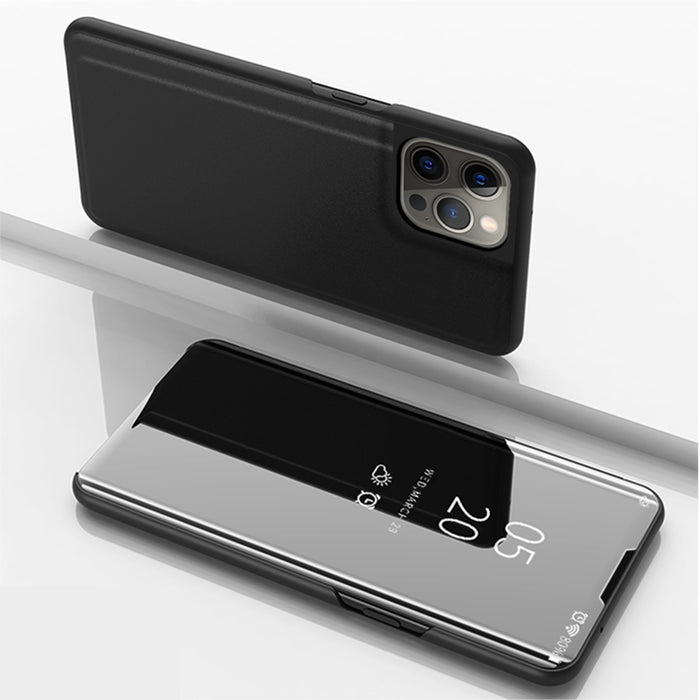 Estuche de cuero con tapa horizontal de espejo chapado con soporte